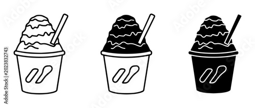Shaved Ice Vector Icons: Three Styles of Frozen Dessert Cups with Straws, Simple Line Art and Silhouette