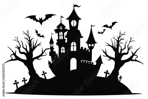 halloween spooky castle silhouette line art vector illustration