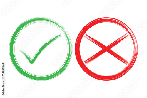 Quadro su tela Hand drawn brush stroke green check mark and red cross mark x inside circle icon