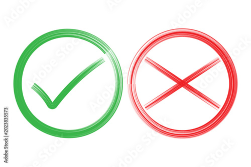 Εκτύπωση καμβά Hand drawn brush stroke green check mark and red cross mark x inside circle icon