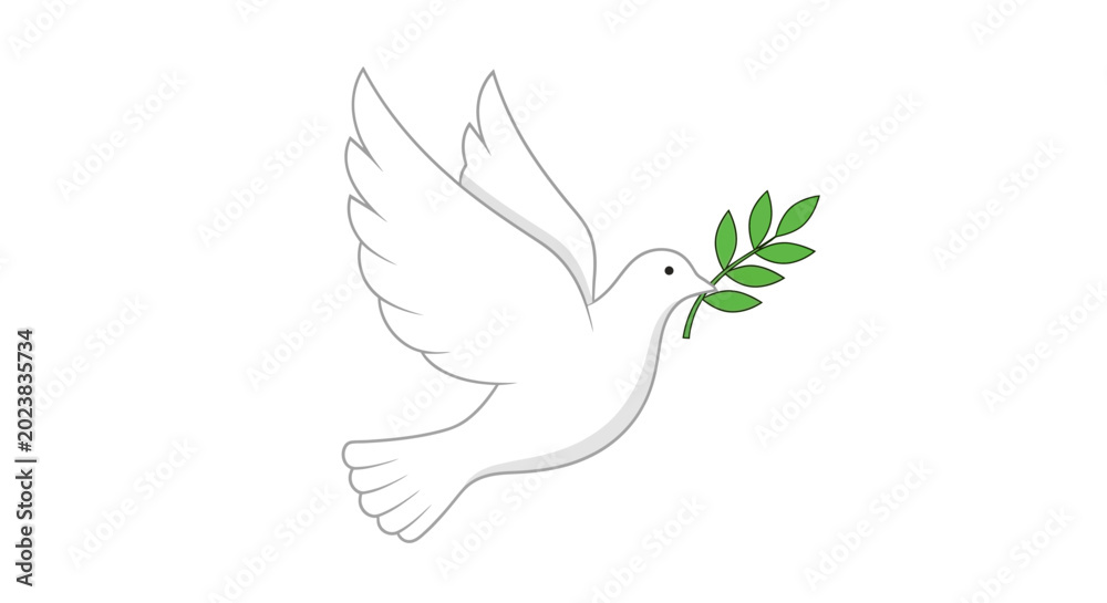 Fototapeta premium A white dove flies with a green olive branch in its beak.
