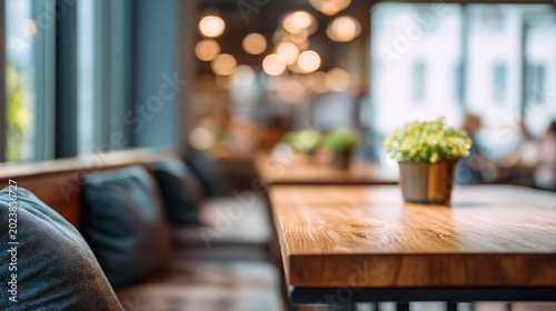 Cozy modern cafe interior with wooden table and flower arrangement in natural light