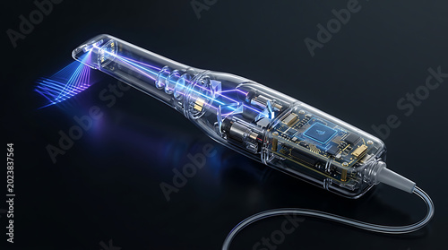 Advanced digital intraoral dental scanner with transparent housing revealing internal sensors and optics for creating high-precision 3D digital impressions in modern restorative dentistry clinic. 