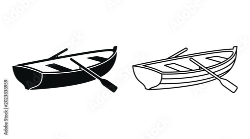 Tableau sur toile Rowboat silhouette and line drawing with oars black and white