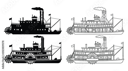 Foto Steamboat silhouettes and line drawings vintage riverboat transportation