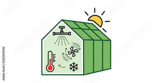 Greenhouse with climate control systems and solar energy sun icon