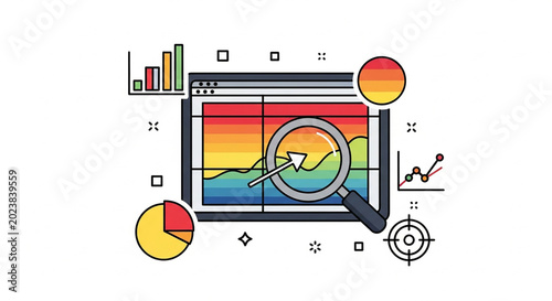 Digital data analysis dashboard with magnifying glass and colorful charts