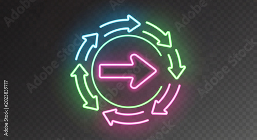 Glowing neon arrow sign with circular rotating loading process symbol