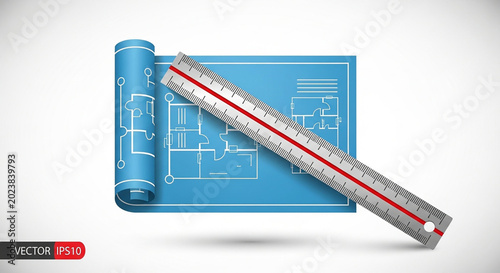 Architectural blueprint plan roll with a metal ruler for construction