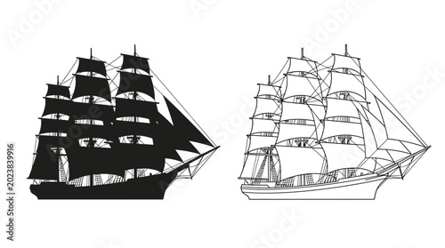 Foto Sailing ship silhouettes black and white nautical vessel illustration