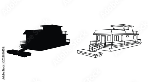 Tableau sur toile Houseboat silhouette and line drawing on white background