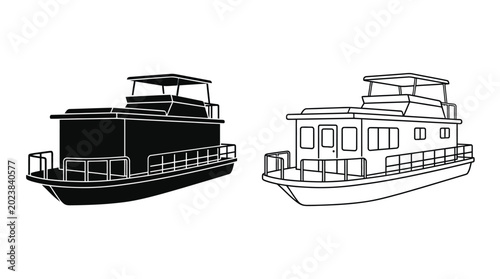 Photos Houseboat line art and silhouette on a white background
