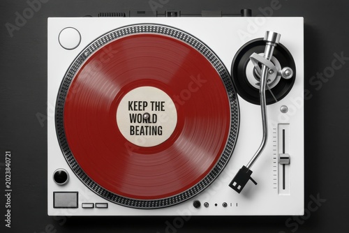A vinyl record spins on a turntable with a red disc and black tonearm on a white background.