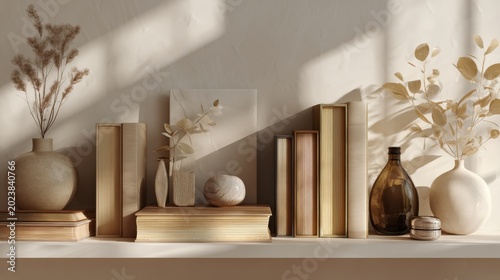 Elegant Book Arrangement with Dried Flowers and Vintage Vases on Shelf