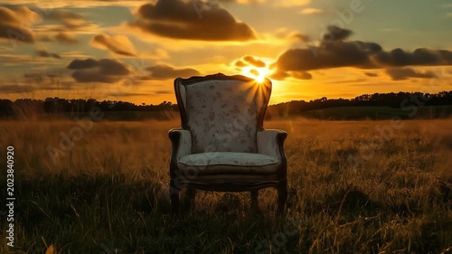Vintage chair in open field against sunset sky peaceful scene