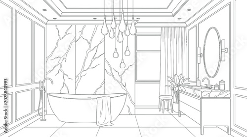 Obraz na płótnie Bathroom interior with bathtub and vanity black and white line drawing