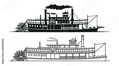 Tableau sur toile Paddle steamer silhouette with smokestack and paddle wheel black and white