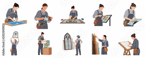 Tablou pe pânză Stained Glass Artist Set, Female Artisan Creating Glass Art, Workshop Process fr