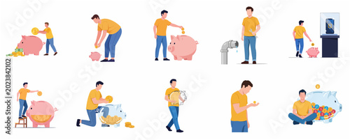 Set of financial management illustrations featuring a man saving money in piggy banks, currency exchange, and budgeting concepts.