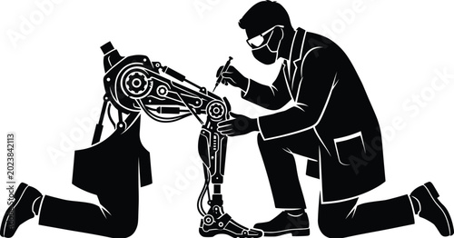 Silhouette of a specialized orthotics technician adjusting the mechanical knee joint of a robotic prosthetic leg