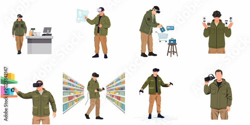 Collection of flat vector illustrations featuring a man using a VR headset for virtual shopping, retail browsing, and digital product interaction in the metaverse.