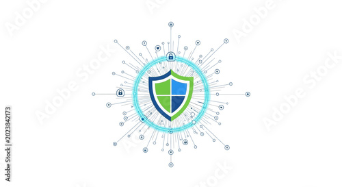 A shield surrounded by various icons and symbols represents cybersecurity concept.