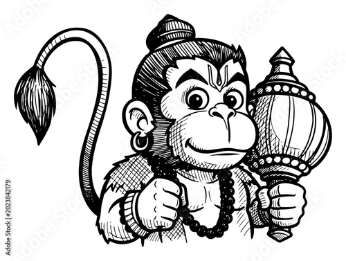 Photos Hanuman monkey deity holding gada mace in cartoonish ink sketch style