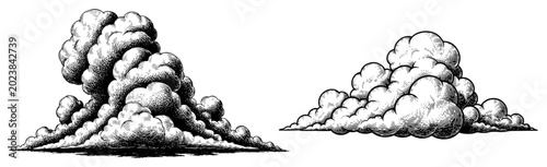 Canvastavla Fluffy cumulus clouds with detailed stippling and shading in vintage engraving s