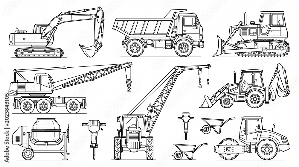Obraz premium Outlined construction machinery icons featuring excavator, dump truck, bulldozer, cranes, mixer, jackhammer, wheelbarrow, and roller in detailed vector style.