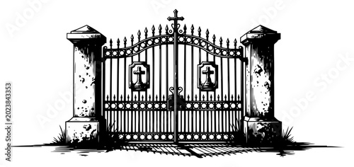 Fotografie Cemetery gate with crosses and stone pillars in gothic engraving style