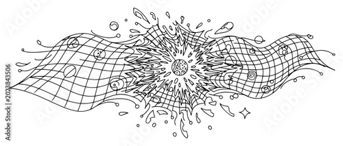 Bilde på lerret Spacetime grid warping around central explosion in technical line art style