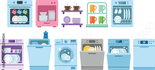Dishwasher Appliance Collection with Clean Dishes Kitchen Equipment and Household Washing Machines Flat Cartoon Vector Illustration Set
