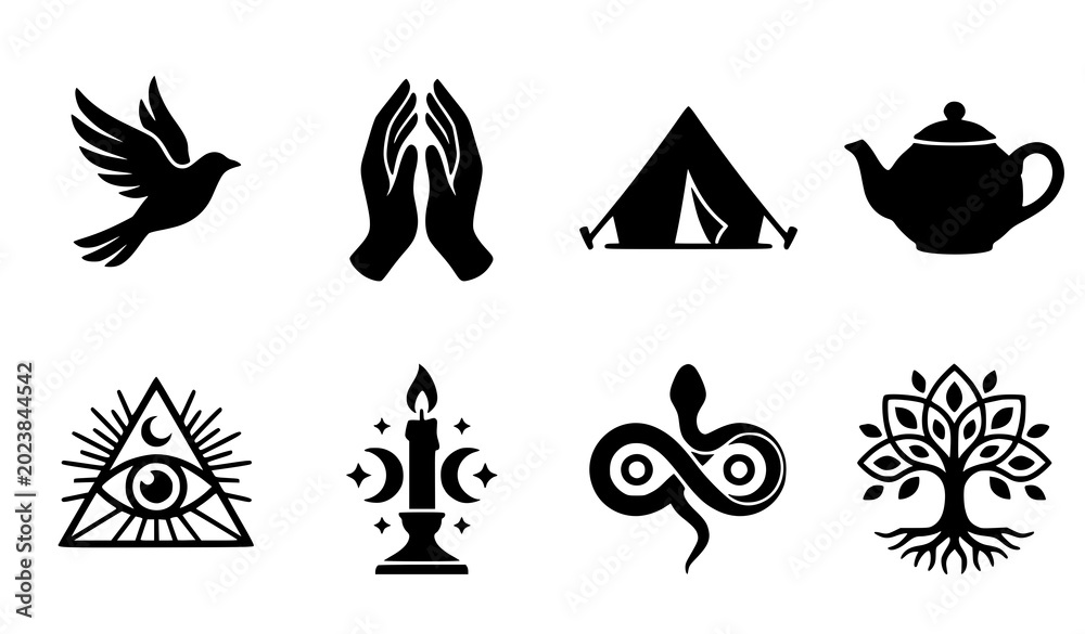 Fototapeta premium Minimal mystical icon set of 8 black silhouette symbols including bird hands camping tent and teapot vector illustration