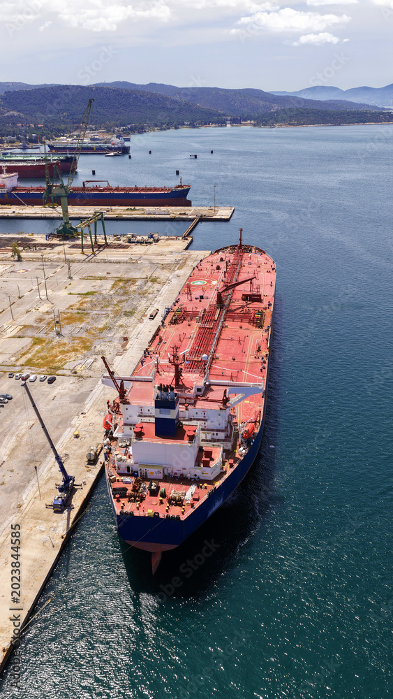 Fototapeta premium Aerial drone photo of famous Skaramangas Shipyards, an emblematic infrastructure in gulf of Elefsina, West Attica, Greece