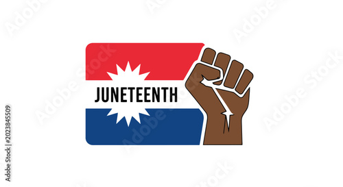 Juneteenth flag with a raised fist symbolizing freedom and emancipation.