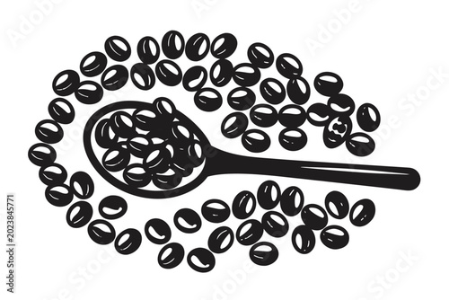 Black and White Lentils on a Flat Spoon Minimalist Vector Graphic