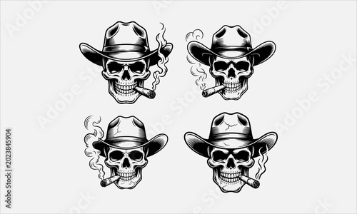 Slika na platnu Cowboy skull with cigar, bold vintage engraving line art  icon set vector illust