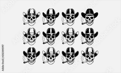 Fotografija Cowboy skull with cigar, bold vintage engraving line art  icon set vector illust
