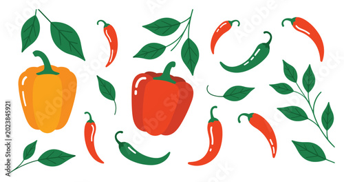 Foto Assortment of Peppers and Leaves: Vibrant collection featuring bell peppers, chili peppers, and green leaves