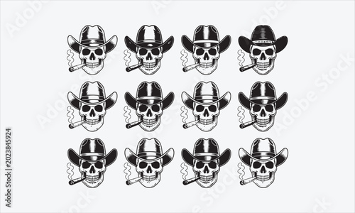 Tableau sur toile Cowboy skull with cigar, bold vintage engraving line art  icon set vector illust