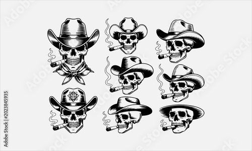 Obraz na plátně Cowboy skull with cigar, bold vintage engraving line art  icon set vector illust