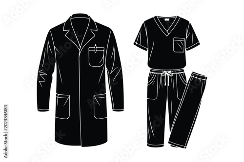 Black silhouette medical uniforms: lab coat and scrubs with healthcare, clothing