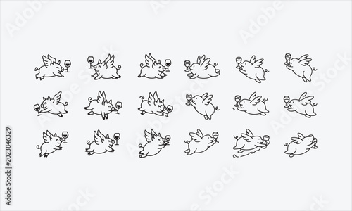 Flying pig with wine glass doodle line art icon set vector illustration