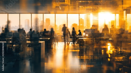 Modern office interior with silhouettes of employees and city skyline at sunset