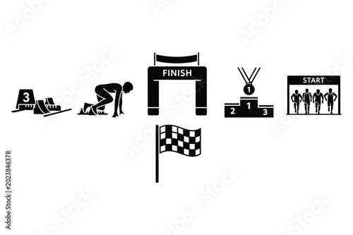 Vector icons: sprint race starting blocks runner finish line arch podium flag