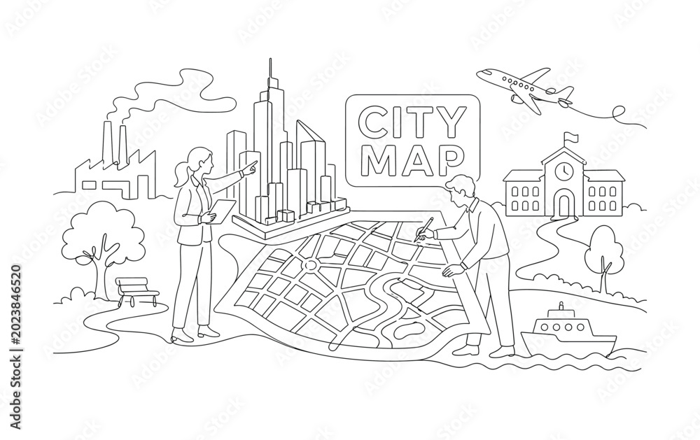 Obraz premium Isometric City Map Banner. Clean one-line drawing banner composition showing a city map planning scene with two urban planners beside a large oversized skyscraper block and oversized road map, small