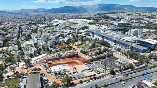 Aerial drone photo of construction site of forthcoming casino of Mont Parness in Dilaveris land, Marousi, Attica, Greece