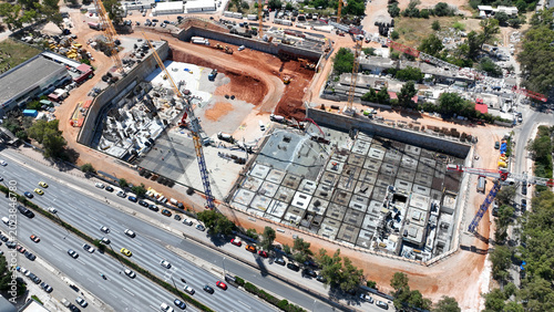 Aerial drone photo of construction site of forthcoming casino of Mont Parness in Dilaveris land, Marousi, Attica, Greece