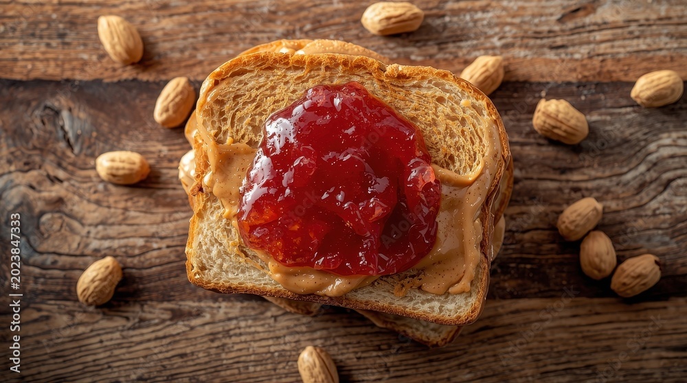 Fototapeta premium Top view of a DIY peanut butter and jelly sandwich on a rustic wooden surface.