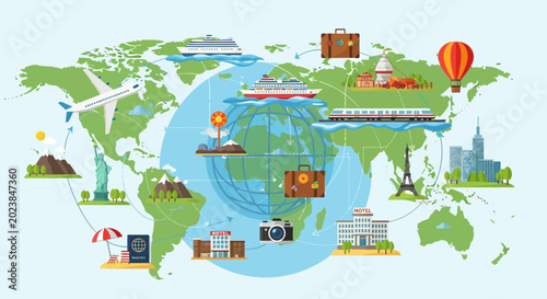 Bild auf Leinwand Global Travel Destinations: World Map with Landmarks, Transport & Vacation Icons